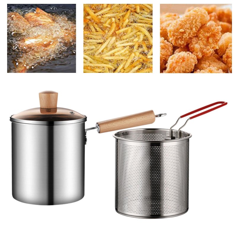 Next Store Stainless Steel Frying Pan with Inner Strainer, Multi-Use Cooking Pot for Fry and Boiled with Clear Glass Lid and Heat Insulation Handle - Image 5