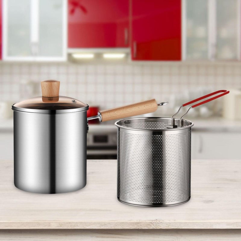 Next Store Stainless Steel Frying Pan with Inner Strainer, Multi-Use Cooking Pot for Fry and Boiled with Clear Glass Lid and Heat Insulation Handle - Image 4