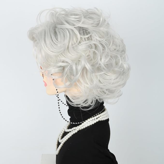LeMarnia 5Piece Old Lady Costume Wig Grey Short Curly Layered Wig for Cosplay Party Halloween Costume