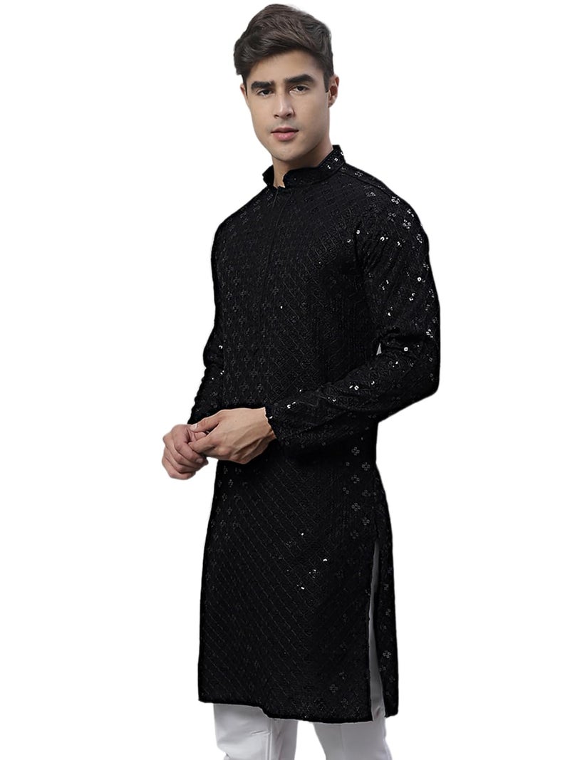 Jompers Men's Chikankari Embroidered and Sequence Kurtas Only (Black, XXL) - Image 1