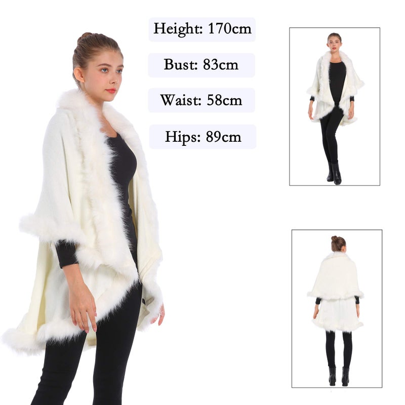 ZLYC Women Fine Knit Open Front Faux Fur Trim Layers Poncho Cape Cardigan Sweater (White) - Image 3