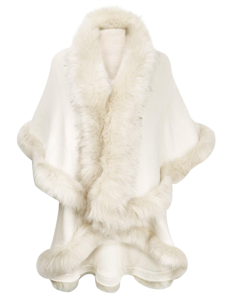 ZLYC Women Fine Knit Open Front Faux Fur Trim Layers Poncho Cape Cardigan Sweater (White) - Image 1