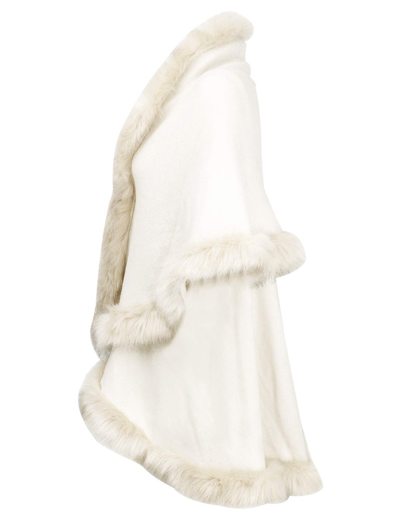 ZLYC Women Fine Knit Open Front Faux Fur Trim Layers Poncho Cape Cardigan Sweater (White) - Image 4