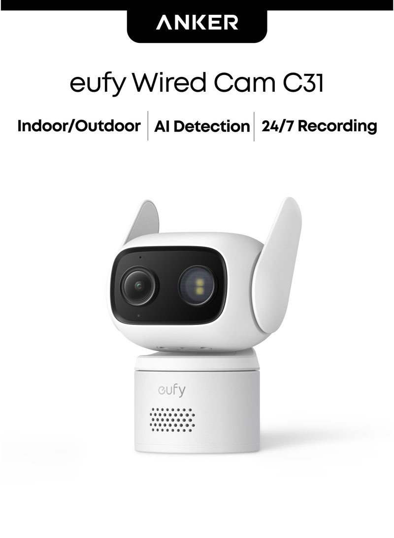 eufy AI Smart Security Camera - Wired Cam C31 with 360° Pan/Tilt, People/Vehicle/Pet/Crying Detection, Colour Night Vision, Dual Antenna, 24/7 Recording, Subscription-Free On-Device Storage - Image 1