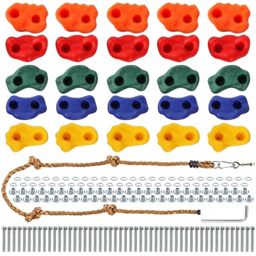 ZENFUN 25 Packs Rock Climbing Holds Indoor Outdoor Rock Wall Climbing Kit MultiColored Climbing Rock Wall Grips with Mounting Hardware Knotted RopeAdded 4 Sets of Spare Screws - Image 1