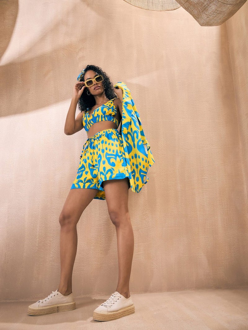 PRASHA Women Yellow & Blue Ikat Shorts with Bustier and Shrug - Image 2