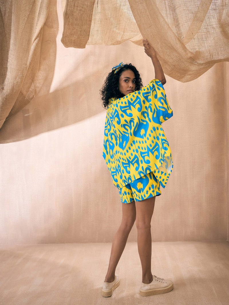 PRASHA Women Yellow & Blue Ikat Shorts with Bustier and Shrug - Image 3