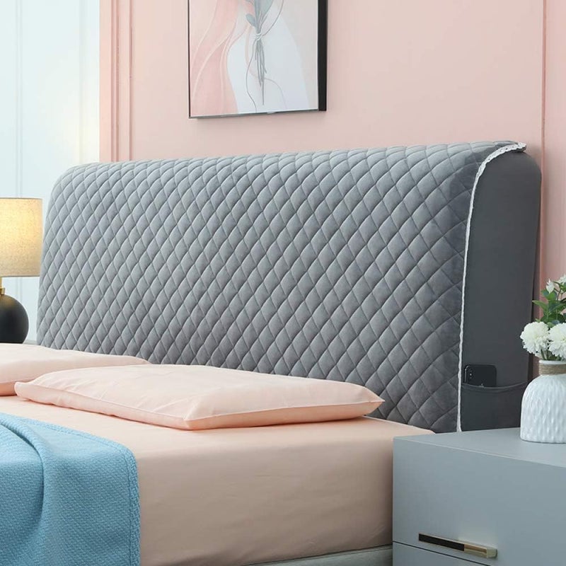 Bed Headboard Slip Soft Comfortable Velvet Twin Full Queen King Size Bed Backrest Protector Stretch Solid Color Dustproof Thicken Bed Head for Bedroom Decor Pink-200CM (Grey1 220CM) - Image 1