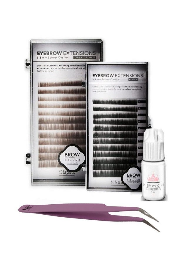 KC Republic Lash Eyebrow Extensions Kit with 2 Trays of Mink False Eyebrows in Black & Dark Brown, Eyebrow Glue Clear & Extension Tweezers, Comes on Mixed Length Trays 5-8 mm (Violet Tweezer) - Image 1
