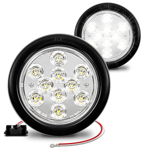 ONLINE LED STORE TRUE MODS 2pc 4" Round Clear White 10 LED Trailer Tail Lights [DOT FMVSS 108] [SAE (2) R] [Grommet & Plug] [IP67 Waterproof] Reverse Back Up Horse Boat Trailer Lights for RV Semi Truck Flatbed Camper - Image 1