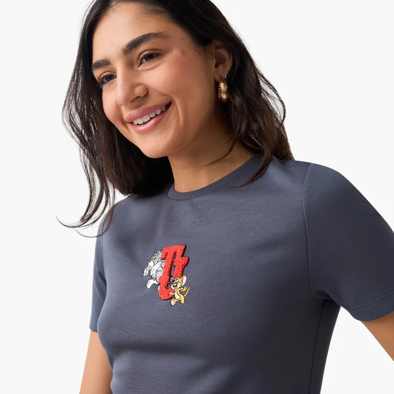 SP Characters Tom and Jerry Embroidered T-shirt with Short Sleeves