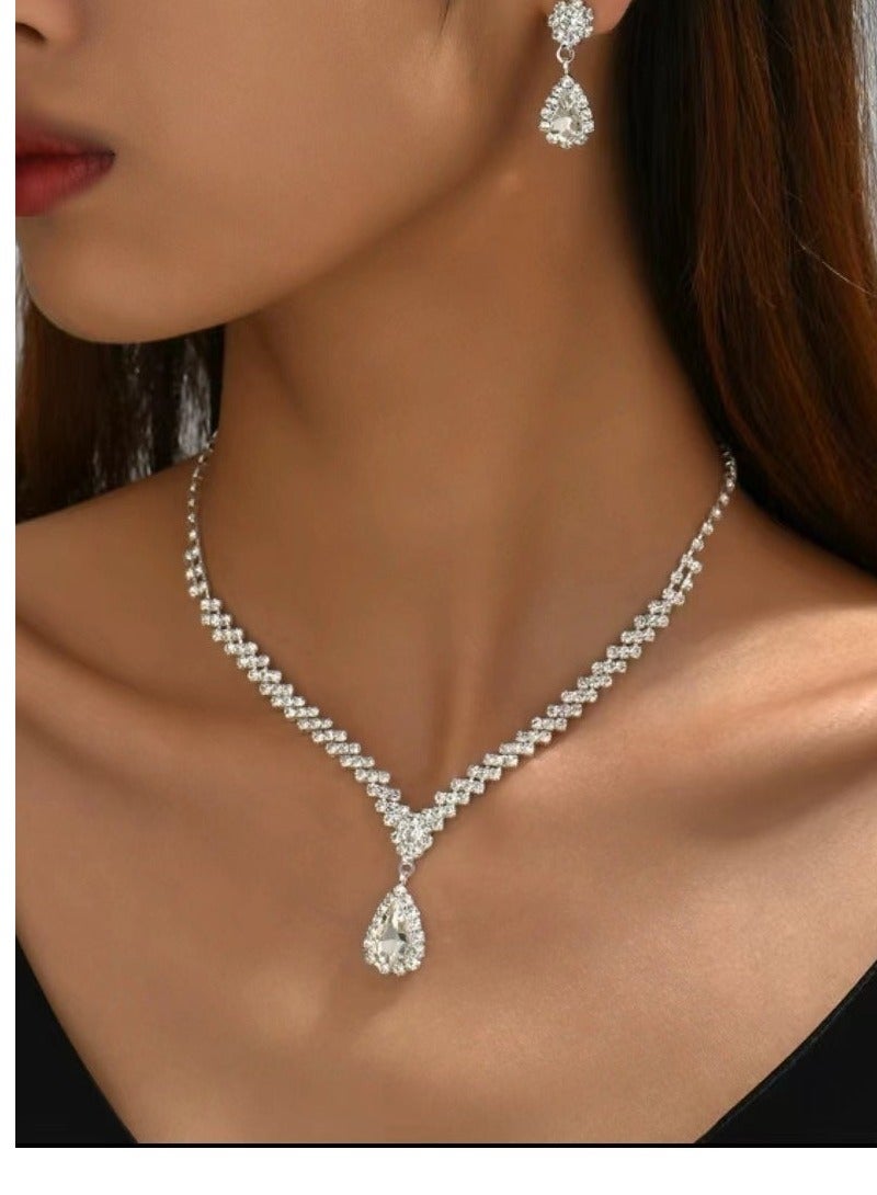 3 Pcs Rhinestone Necklace Earrings Jewelry Set  Water Drop Ear Dangle  Bridal Jewelry  Evening Dress Accessories For Women  Dinner Party Accessories  Women's Collarbone Chain Bridal Accessories  - Image 3