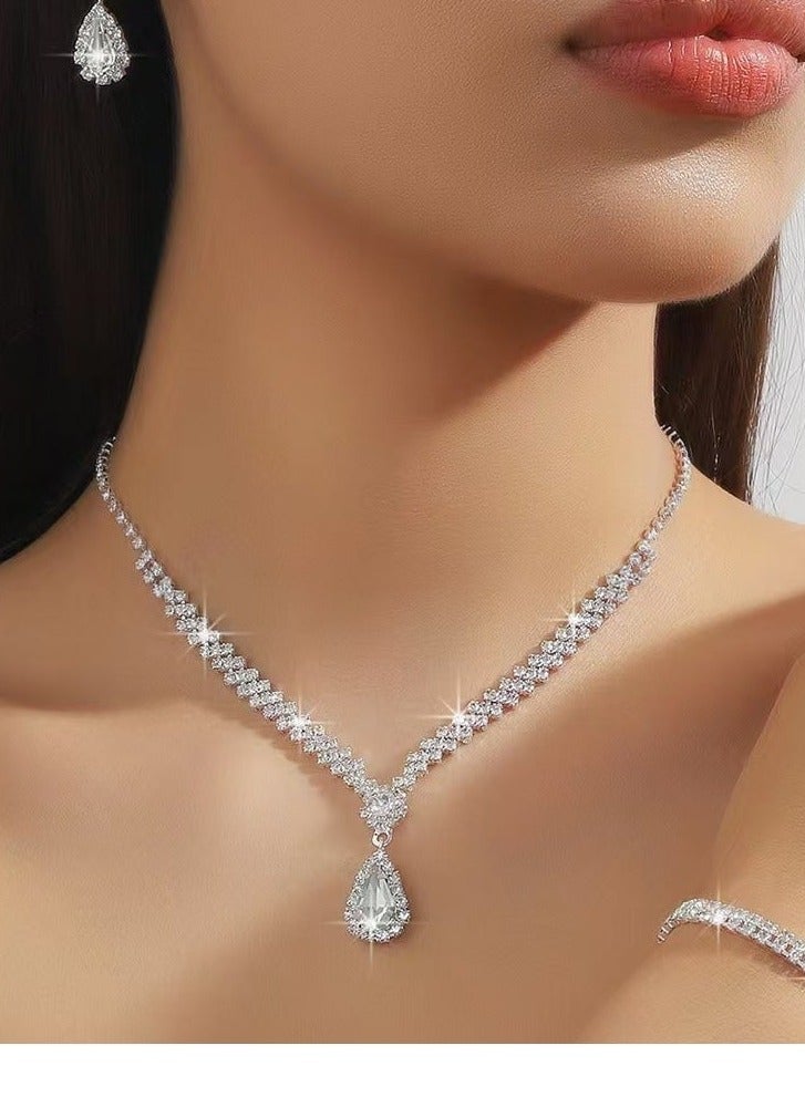 3 Pcs Rhinestone Necklace Earrings Jewelry Set  Water Drop Ear Dangle  Bridal Jewelry  Evening Dress Accessories For Women  Dinner Party Accessories  Women's Collarbone Chain Bridal Accessories  - Image 1
