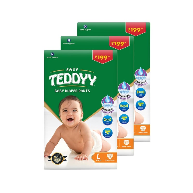 Teddyy حفاضات بيبي تيدي سهلة كبيرة 36 قطعة (عبوة من 3) ، 9-14 كجم ، حماية من التسرب لمدة 12 ساعة ، مضادة للبكتيريا - Image 1