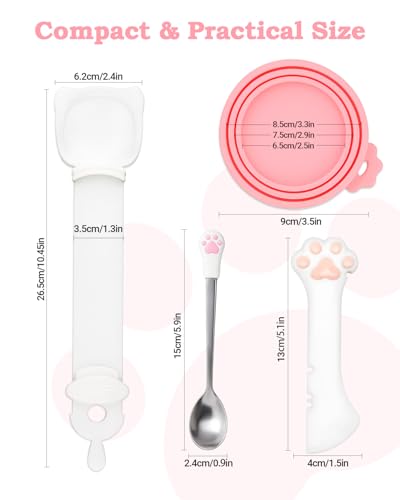 Cfyosnk 6 PCS Cat Food Can Covers Set, Reusable Silicone Can Lids with Opener, Stainless Steel Wet Food Spoon & Cat Treat Squeezer for Pet Feeding and Storage, Fits Cats & Dogs - Image 2