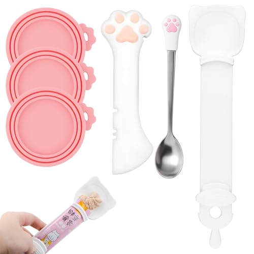 Cfyosnk 6 PCS Cat Food Can Covers Set, Reusable Silicone Can Lids with Opener, Stainless Steel Wet Food Spoon & Cat Treat Squeezer for Pet Feeding and Storage, Fits Cats & Dogs - Image 1
