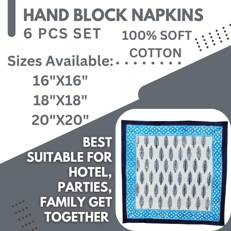 Third Eye Export Cloth Napkins Set of 6  Blue Cotton Floral Dinner Napkins for Table  Reusable Indian Block Print Washable Napkins for Wedding Party Boho Decor Blue 2 X Large 20X20 Inches - Image 5