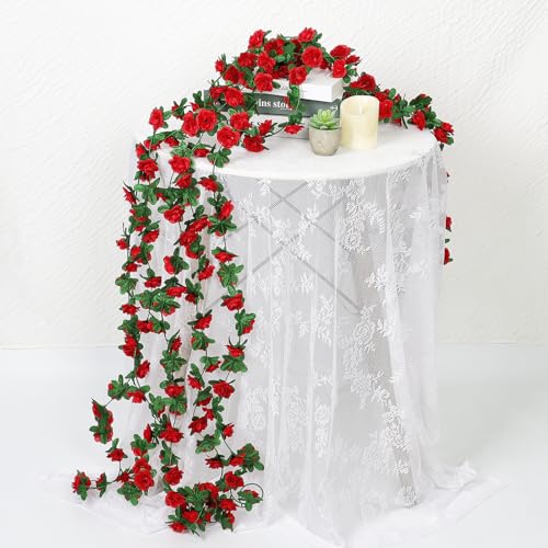 KHOYIME 9 Pack 72 FT Artificial Flower Garland, Fake Red Roses Vines Silk Flowers Faux Plastic Outdoor Hanging Floral Ivy Garland Decoration for Wedding Arch Bedroom Home Wall Backdrop Room Decor - Image 4