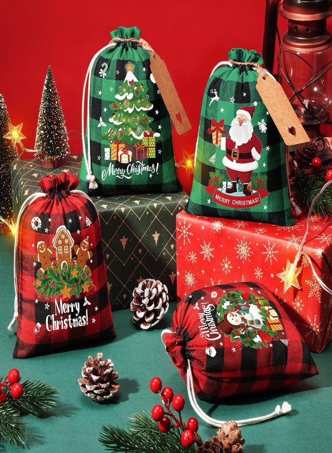 FLOE 24Pcs Burlap Christmas Drawstring Bags, 6x8in Buffalo Plaid Xmas Gift Bags w/Tag Xmas Candy Bag Small Christmas Linen Treat Goody Gift Sacks Reusable Gifts Wrapping Bag Holiday Party Favors Sack - Image 3
