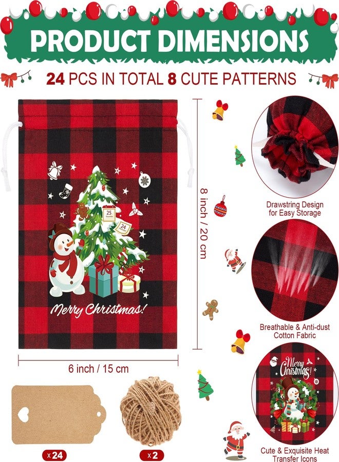 FLOE 24Pcs Burlap Christmas Drawstring Bags, 6x8in Buffalo Plaid Xmas Gift Bags w/Tag Xmas Candy Bag Small Christmas Linen Treat Goody Gift Sacks Reusable Gifts Wrapping Bag Holiday Party Favors Sack - Image 2