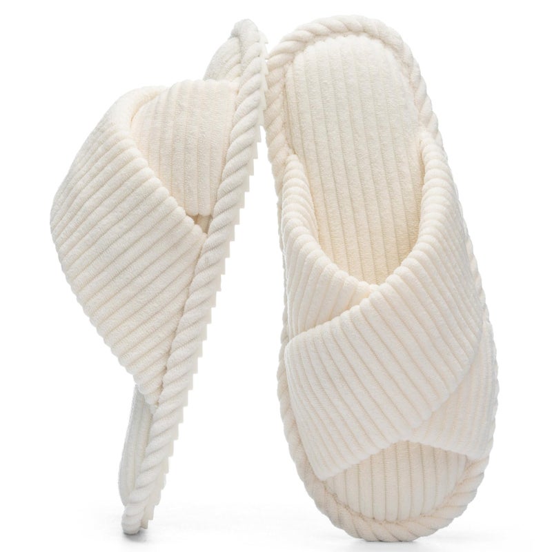 GOEWY House Slippers for Women Fuzzy Womens Slippers Indoor Outdoor Open Toe With Cross Band Corduroy Memory Foam Warm Gifts for Woman Size 11.5 12.5 Beige - Image 1