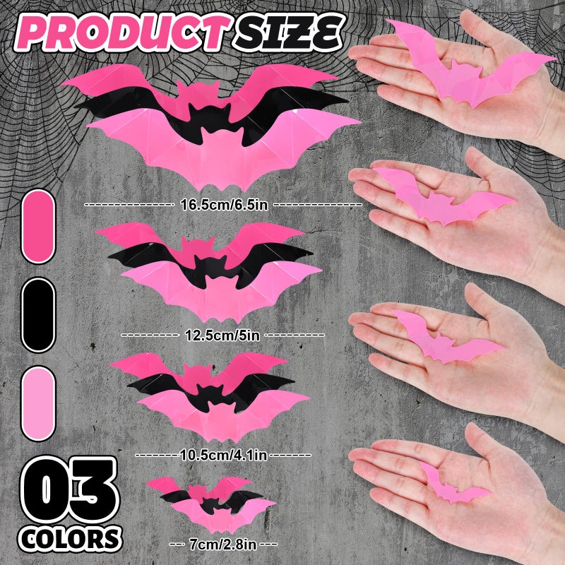 Whaline 112Pcs Halloween Wall Decoration 3D Bats with Foam Adhesive Black Pink Rose Red Waterproof Spooky Bats Stickers Hocus Pocus Party Supplies for Halloween Home Wall Window Door Decor  4 Sizes - Image 1