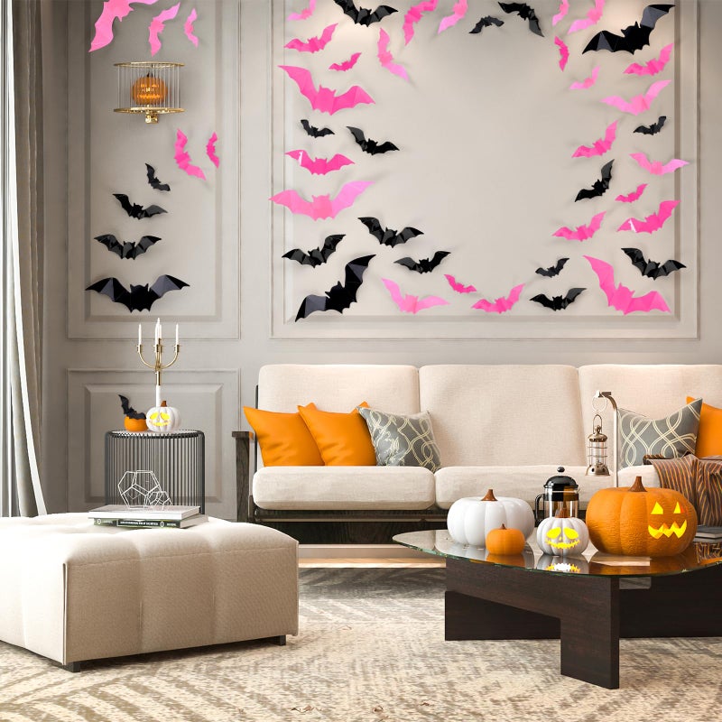 Whaline 112Pcs Halloween Wall Decoration 3D Bats with Foam Adhesive Black Pink Rose Red Waterproof Spooky Bats Stickers Hocus Pocus Party Supplies for Halloween Home Wall Window Door Decor  4 Sizes - Image 4