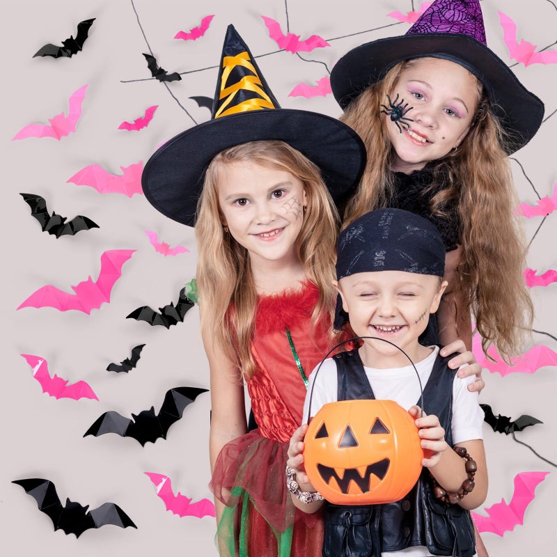 Whaline 112Pcs Halloween Wall Decoration 3D Bats with Foam Adhesive Black Pink Rose Red Waterproof Spooky Bats Stickers Hocus Pocus Party Supplies for Halloween Home Wall Window Door Decor  4 Sizes - Image 2
