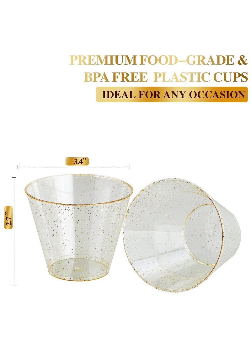 SYOSI - Gold Glitter Plastic Cups, Clear Plastic Cups Tumblers, Reusable Fancy Disposable Hard Plastic Cups 30Pcs 9oz - Image 1