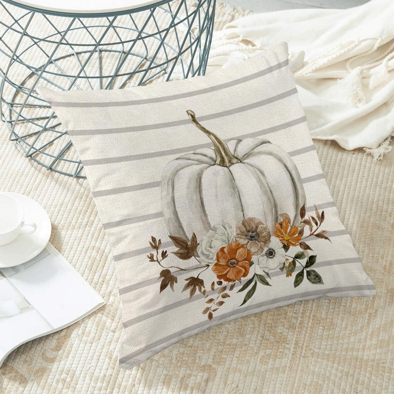 AEIOAE Fall Pillow Covers 20x20 Inch Set of 2 Watercolor Pumpkin Throw Pillows Case Gray Stripes Autumn Flower Outdoor Decorative Linen Farmhouse Harvest Decor Cushion Covers for Home Sofa Bed Couch - Image 4