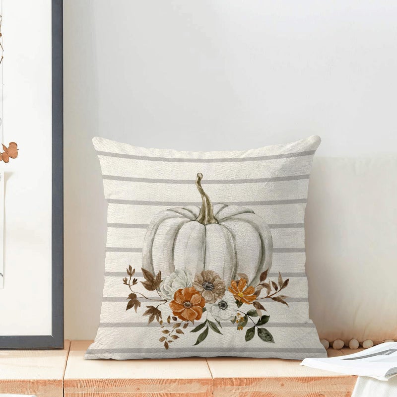 AEIOAE Fall Pillow Covers 20x20 Inch Set of 2 Watercolor Pumpkin Throw Pillows Case Gray Stripes Autumn Flower Outdoor Decorative Linen Farmhouse Harvest Decor Cushion Covers for Home Sofa Bed Couch - Image 3
