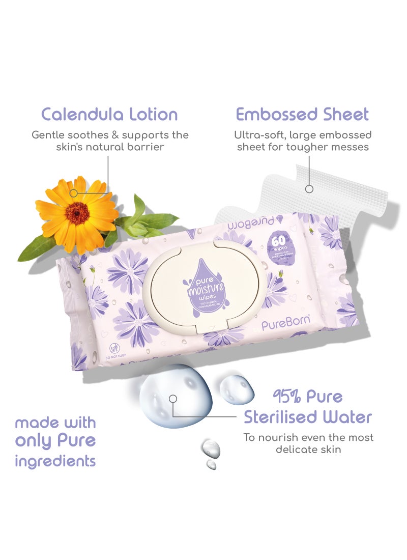 PureBorn Pure Moisture Baby Wipes With Organic Calendula Lotion 60 Wipes - Image 2