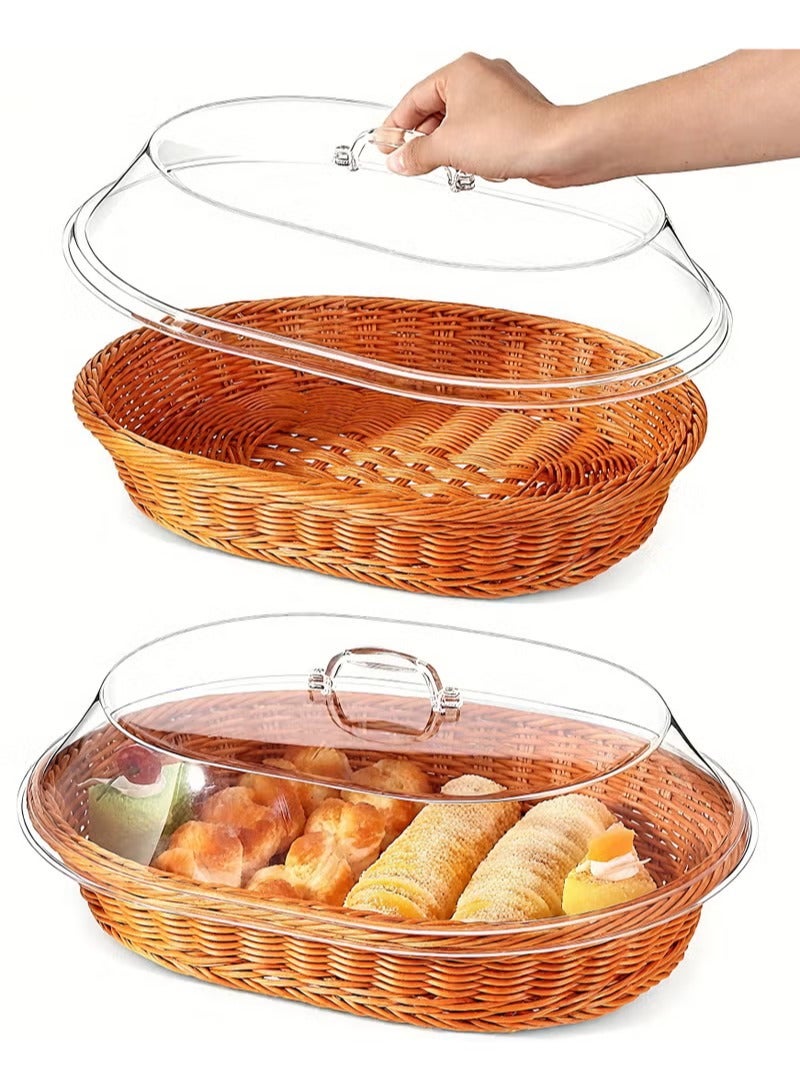 SILADEFU Wicker Bread Basket with Clear Acrylic Lid - Durable, Washable Food Tray for Desserts & Fruits - Perfect for Kitchen, Picnic, and Home Display - Image 1