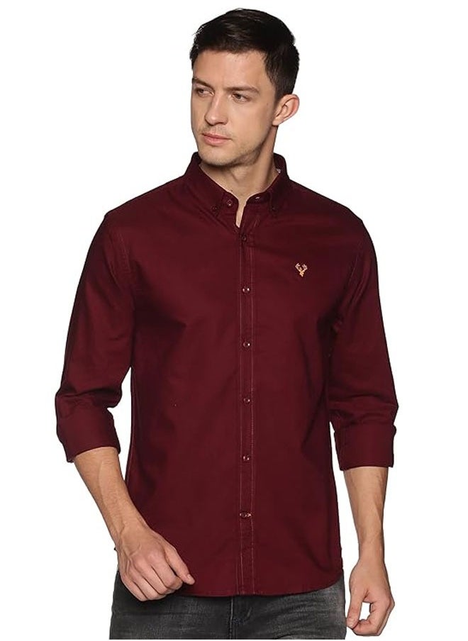 U.S. ELK Men's Button Down Shirt | Casual Slim Fit Shirt | Long Sleeve Oxford Shirts For Men | Smart Fit Cuff- - Maroon  - Image 2