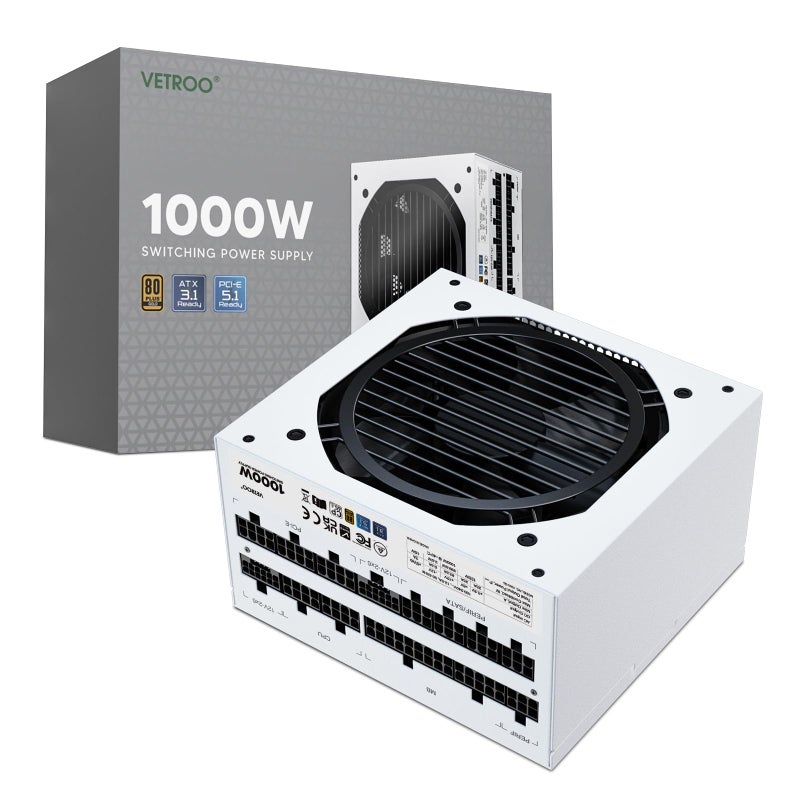 Vetroo 1000W White Power Supply ATX 3.1 Ready Dual PCIe 5.1, 80 Plus Gold Full Modular, Eco Mode with 120mm FDB Fan, Compact Size, 10 Year Warranty for Gaming PC - Image 1