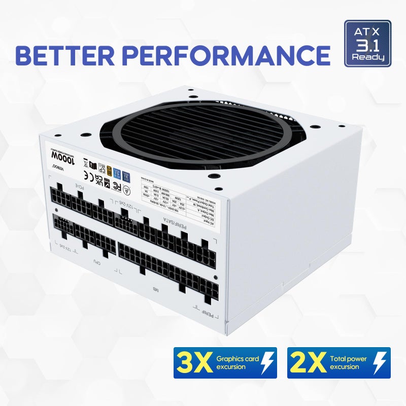 Vetroo 1000W White Power Supply ATX 3.1 Ready Dual PCIe 5.1, 80 Plus Gold Full Modular, Eco Mode with 120mm FDB Fan, Compact Size, 10 Year Warranty for Gaming PC - Image 4