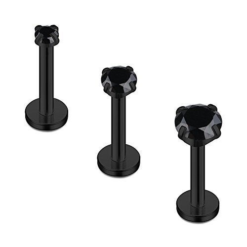 Ruifan Black Plated Stainless Steel 2mm 3mm 4mm Black CZ Gem Internally Threaded Labret Monroe Lip Ring Tragus Nail Helix Earring Stud Barbell Piercing Jewelry 16G 8mm 3pcs - Image 4