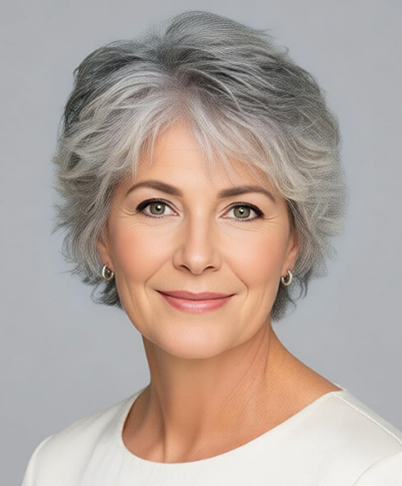 SEVENCOLORS Short Grey Wigs for White Women Layered Mixed Silver Curly Wigs with White Bangs Grandma Synthetic Hair Gray Wigs for Older Women - Image 3