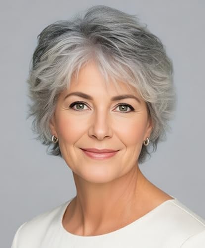 SEVENCOLORS Short Grey Wigs for White Women Layered Mixed Silver Curly Wigs with White Bangs Grandma Synthetic Hair Gray Wigs for Older Women - Image 1