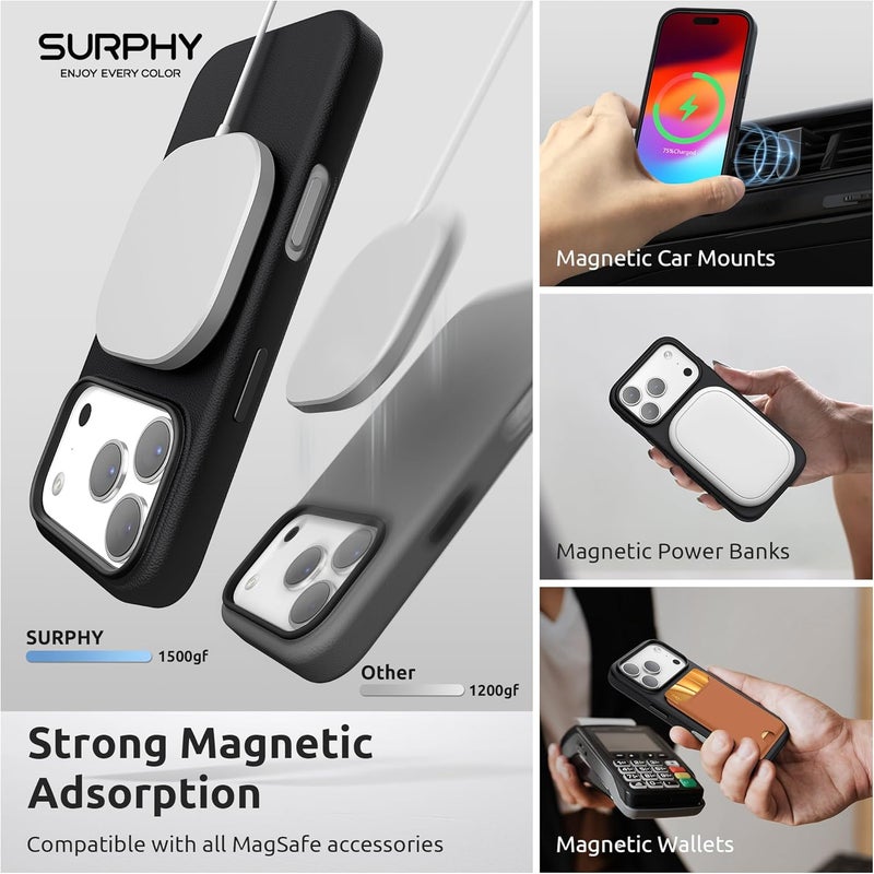 SURPHY Designed for iPhone 17 Pro Leather Case, Compatible with MagSafe Wireless Charging Faux Leather Case with Metallic Buttons and Microfiber Lining for 17 Pro 6.3 inch 2025, Black - Image 3