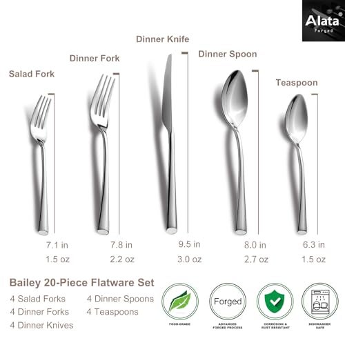 Alata Bailey 20-Piece Forged Silverware Set Stainless Steel Flatware Set,Service for 4,Mirror Polished Cutlery Set,Dishwasher Safe… - Image 4