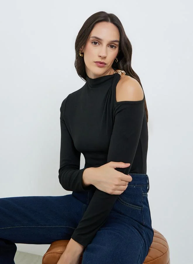 Take Two  Black Cold Shoulder Long Sleeve Top for Women | Best Price UAE