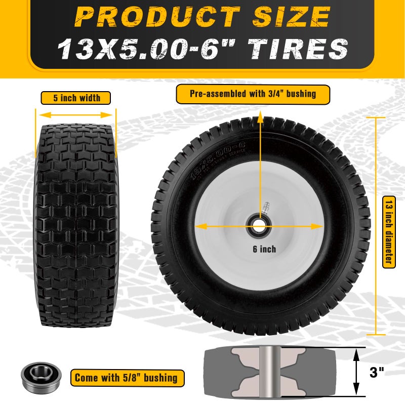 CMOOD 13x5.00-6 Flat Free Tire and Wheel with 3/4" & 5/8" Bearings â€“ 2 Pack 13x5x6 Solid Rubber Lawn Mower Tires for Riding Lawn Mower Tires and Wheel with 3" Centered Hub - Image 2