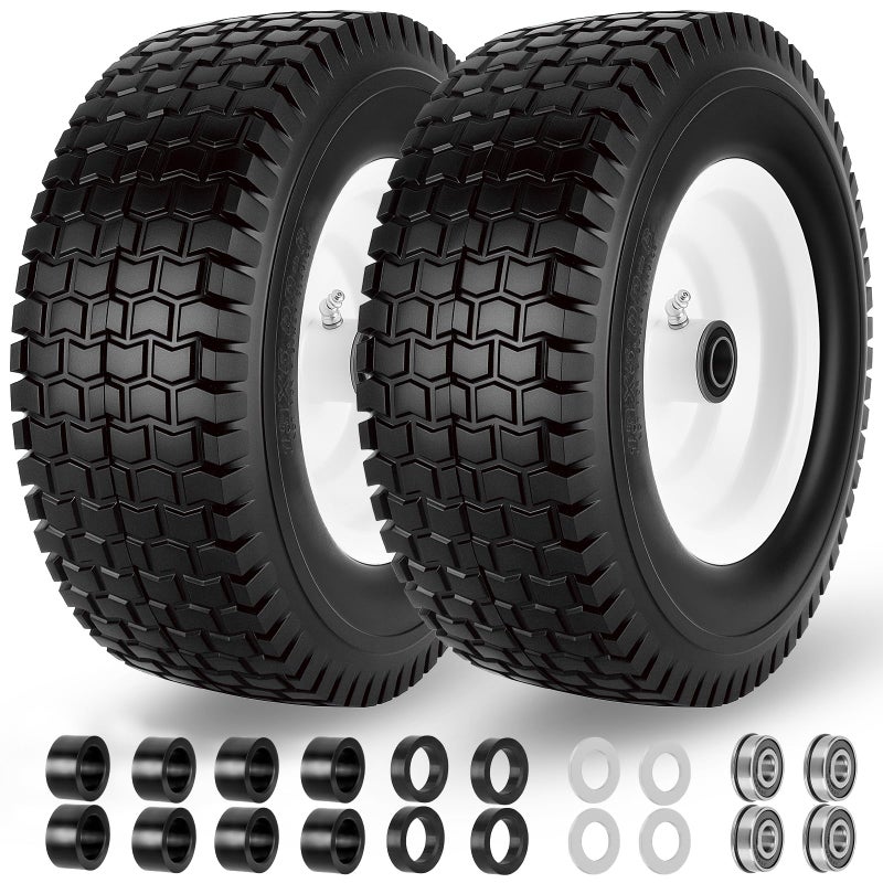 CMOOD 13x5.00-6 Flat Free Tire and Wheel with 3/4" & 5/8" Bearings â€“ 2 Pack 13x5x6 Solid Rubber Lawn Mower Tires for Riding Lawn Mower Tires and Wheel with 3" Centered Hub - Image 1