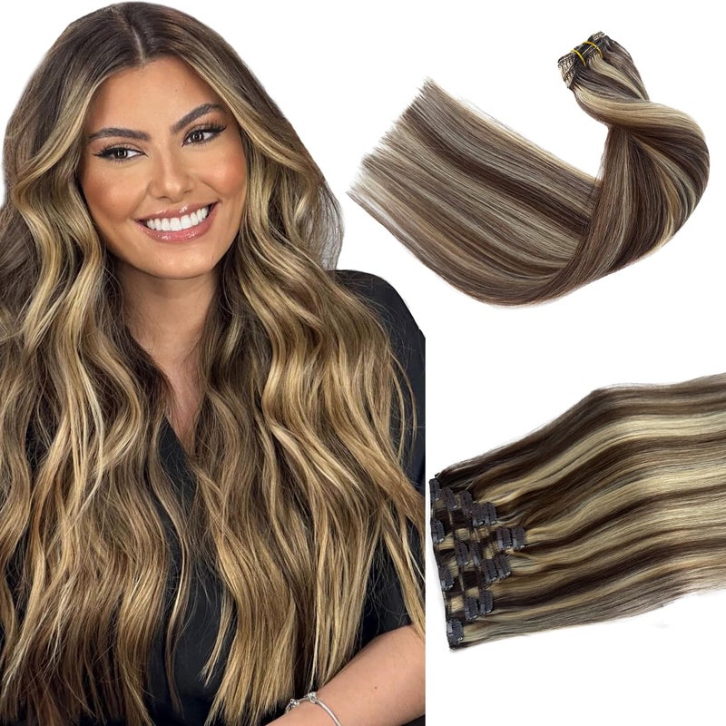 Clip in Hair Extensions Real Human Hair Chocolate Brown and Blonde Highlights Real Hair Extensions Clip in Human Hair 18Inch 7 pcs 70G Double Weft Remy Human Hair Clip in Extensions for White Women