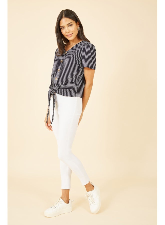 Yumi Navy Striped Jersey Button Detail Top - Image 2