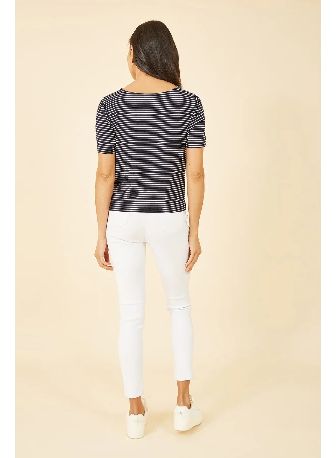 Yumi Navy Striped Jersey Button Detail Top