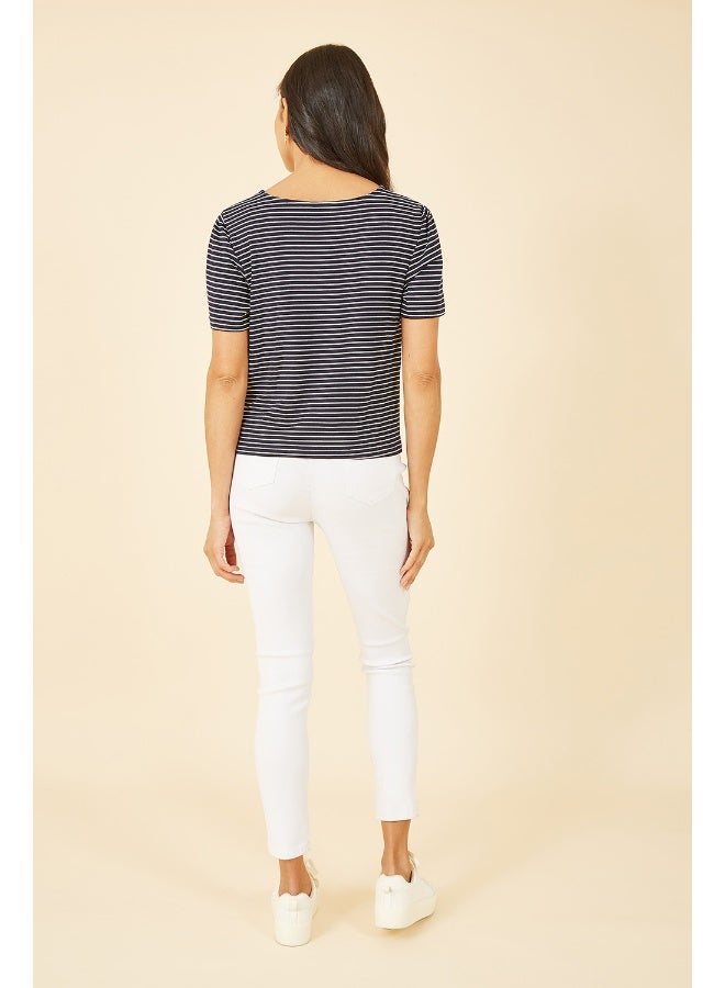 Yumi Navy Striped Jersey Button Detail Top - Image 3