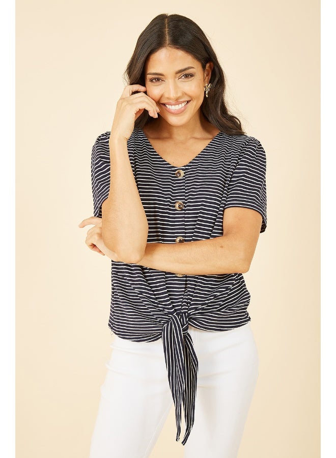 Yumi Navy Striped Jersey Button Detail Top - Image 1