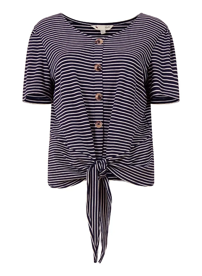 Yumi Navy Striped Jersey Button Detail Top